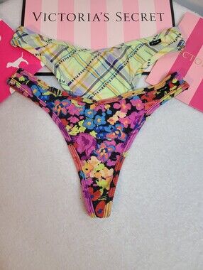 VS PINK 2pk Basic Cotton Rib Full Cut Thong Panties Size M Multicolor